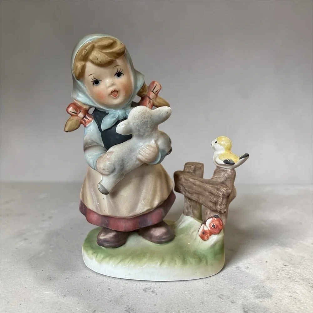 Vintage Royal Crown Porcelain Girl with Lamb Figurine Mid Century Japan